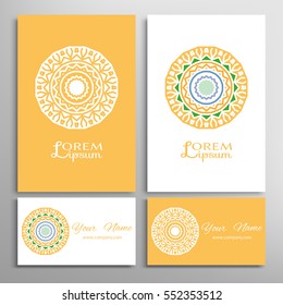 Mandala sign symbol, colorful round ornament. Business cards set. Decorative doodle art, stylized floral pattern. Isolated design elements for logo, icon, label, emblem. Tribal ethnic decoration