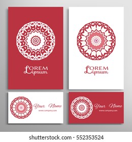Mandala sign symbol, colorful round ornament. Business cards set. Decorative doodle art, stylized floral pattern. Isolated design elements for logo, icon, label, emblem. Tribal ethnic decoration