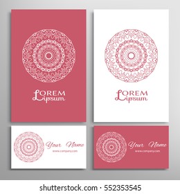 Mandala sign symbol, colorful round ornament. Business cards set. Decorative doodle art, stylized floral pattern. Isolated design elements for logo, icon, label, emblem. Tribal ethnic decoration