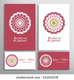 Mandala sign symbol, colorful round ornament. Business cards set. Decorative doodle art, stylized floral pattern. Isolated design elements for logo, icon, label, emblem. Tribal ethnic decoration