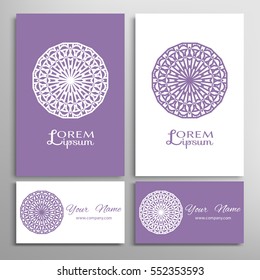 Mandala sign symbol, colorful round ornament. Business cards set. Decorative doodle art, stylized floral pattern. Isolated design elements for logo, icon, label, emblem. Tribal ethnic decoration