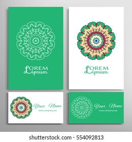 Mandala sign symbol, colorful round ornament. Business cards set. Decorative doodle art, stylized floral pattern. Isolated design elements for logo, icon, label, emblem. Tribal ethnic decoration