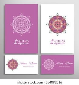 Mandala sign symbol, colorful round ornament. Business cards set. Decorative doodle art, stylized floral pattern. Isolated design elements for logo, icon, label, emblem. Tribal ethnic decoration