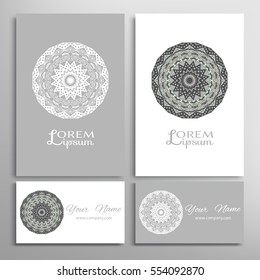 Mandala sign symbol, colorful round ornament. Business cards set. Decorative doodle art, stylized floral pattern. Isolated design elements for logo, icon, label, emblem. Tribal ethnic decoration