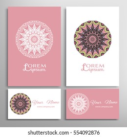 Mandala sign symbol, colorful round ornament. Business cards set. Decorative doodle art, stylized floral pattern. Isolated design elements for logo, icon, label, emblem. Tribal ethnic decoration