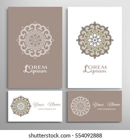 Mandala sign symbol, colorful round ornament. Business cards set. Decorative doodle art, stylized floral pattern. Isolated design elements for logo, icon, label, emblem. Tribal ethnic decoration