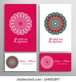 Mandala sign symbol, colorful round ornament. Business cards set. Decorative doodle art, stylized floral pattern. Isolated design elements for logo, icon, label, emblem. Tribal ethnic decoration