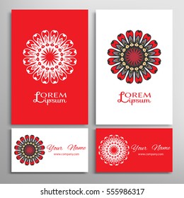 Mandala sign symbol, colorful round ornament. Business cards set. Decorative doodle art, stylized floral pattern. Isolated design elements for logo, icon, label, emblem. Tribal ethnic decoration
