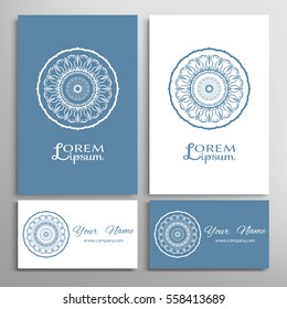Mandala sign symbol, colorful round ornament. Business cards set. Decorative doodle art, stylized floral pattern. Isolated design elements for logo, icon, label, emblem. Tribal ethnic decoration