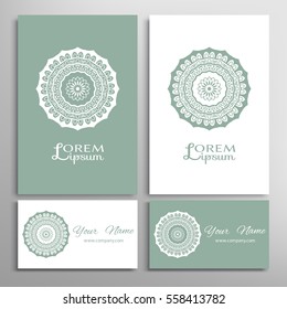 Mandala sign symbol, colorful round ornament. Business cards set. Decorative doodle art, stylized floral pattern. Isolated design elements for logo, icon, label, emblem. Tribal ethnic decoration