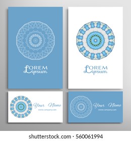 Mandala sign symbol, colorful round ornament. Business cards set. Decorative doodle art, stylized floral pattern. Isolated design elements for logo, icon, label, emblem. Tribal ethnic decoration