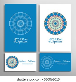 Mandala sign symbol, colorful round ornament. Business cards set. Decorative doodle art, stylized floral pattern. Isolated design elements for logo, icon, label, emblem. Tribal ethnic decoration