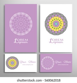 Mandala sign symbol, colorful round ornament. Business cards set. Decorative doodle art, stylized floral pattern. Isolated design elements for logo, icon, label, emblem. Tribal ethnic decoration