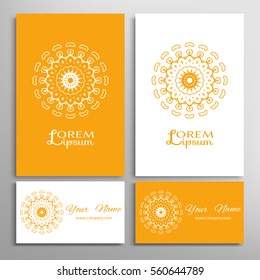 Mandala sign symbol, colorful round ornament. Business cards set. Decorative doodle art, stylized floral pattern. Isolated design elements for logo, icon, label, emblem. Tribal ethnic decoration