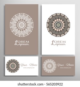 Mandala sign symbol, colorful round ornament. Business cards set. Decorative doodle art, stylized floral pattern. Isolated design elements for logo, icon, label, emblem. Tribal ethnic decoration
