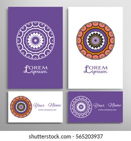 Mandala sign symbol, colorful round ornament. Business cards set. Decorative doodle art, stylized floral pattern. Isolated design elements for logo, icon, label, emblem. Tribal ethnic decoration