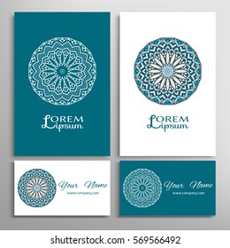 Mandala sign symbol, colorful round ornament. Business cards set. Decorative doodle art, stylized floral pattern. Isolated design elements for logo, icon, label, emblem. Tribal ethnic decoration