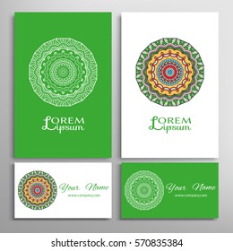 Mandala sign symbol, colorful round ornament. Business cards set. Decorative doodle art, stylized floral pattern. Isolated design elements for logo, icon, label, emblem. Tribal ethnic decoration