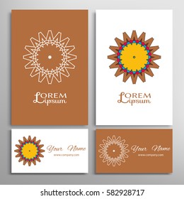 Mandala sign symbol, colorful round ornament. Business cards set. Decorative doodle art, stylized floral pattern. Isolated design elements for logo, icon, label, emblem. Tribal ethnic decoration