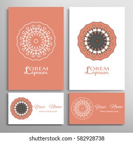 Mandala sign symbol, colorful round ornament. Business cards set. Decorative doodle art, stylized floral pattern. Isolated design elements for logo, icon, label, emblem. Tribal ethnic decoration