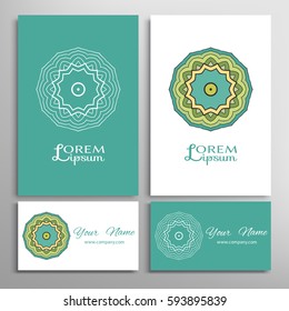 Mandala sign symbol, colorful round ornament. Business cards set. Decorative doodle art, stylized floral pattern. Isolated design elements for logo, icon, label, emblem. Tribal ethnic decoration