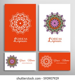 Mandala sign symbol, colorful round ornament. Business cards set. Decorative doodle art, stylized floral pattern. Isolated design elements for logo, icon, label, emblem. Tribal ethnic decoration