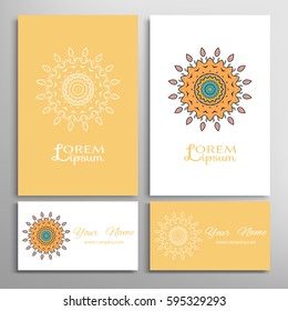 Mandala sign symbol, colorful round ornament. Business cards set. Decorative doodle art, stylized floral pattern. Isolated design elements for logo, icon, label, emblem. Tribal ethnic decoration