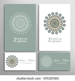 Mandala sign symbol, colorful round ornament. Business cards set. Decorative doodle art, stylized floral pattern. Isolated design elements for logo, icon, label, emblem. Tribal ethnic decoration