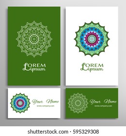 Mandala sign symbol, colorful round ornament. Business cards set. Decorative doodle art, stylized floral pattern. Isolated design elements for logo, icon, label, emblem. Tribal ethnic decoration