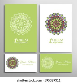 Mandala sign symbol, colorful round ornament. Business cards set. Decorative doodle art, stylized floral pattern. Isolated design elements for logo, icon, label, emblem. Tribal ethnic decoration