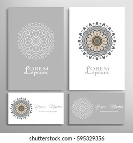 Mandala sign symbol, colorful round ornament. Business cards set. Decorative doodle art, stylized floral pattern. Isolated design elements for logo, icon, label, emblem. Tribal ethnic decoration
