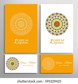 Mandala sign symbol, colorful round ornament. Business cards set. Decorative doodle art, stylized floral pattern. Isolated design elements for logo, icon, label, emblem. Tribal ethnic decoration