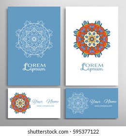 Mandala sign symbol, colorful round ornament. Business cards set. Decorative doodle art, stylized floral pattern. Isolated design elements for logo, icon, label, emblem. Tribal ethnic decoration