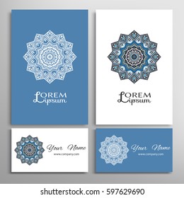 Mandala sign symbol, colorful round ornament. Business cards set. Decorative doodle art, stylized floral pattern. Isolated design elements for logo, icon, label, emblem. Tribal ethnic decoration