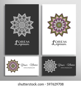 Mandala sign symbol, colorful round ornament. Business cards set. Decorative doodle art, stylized floral pattern. Isolated design elements for logo, icon, label, emblem. Tribal ethnic decoration