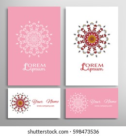 Mandala sign symbol, colorful round ornament. Business cards set. Decorative doodle art, stylized floral pattern. Isolated design elements for logo, icon, label, emblem. Tribal ethnic decoration