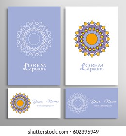 Mandala sign symbol, colorful round ornament. Business cards set. Decorative doodle art, stylized floral pattern. Isolated design elements for logo, icon, label, emblem. Tribal ethnic decoration