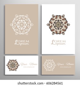 Mandala sign symbol, colorful round ornament. Business cards set. Decorative doodle art, stylized floral pattern. Isolated design elements for logo, icon, label, emblem. Tribal ethnic decoration