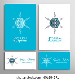 Mandala sign symbol, colorful round ornament. Business cards set. Decorative doodle art, stylized floral pattern. Isolated design elements for logo, icon, label, emblem. Tribal ethnic decoration