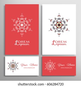 Mandala sign symbol, colorful round ornament. Business cards set. Decorative doodle art, stylized floral pattern. Isolated design elements for logo, icon, label, emblem. Tribal ethnic decoration