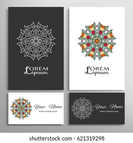Mandala sign symbol, colorful round ornament. Business cards set. Decorative doodle art, stylized floral pattern. Isolated design elements for logo, icon, label, emblem. Tribal ethnic decoration