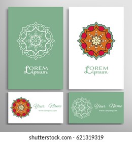 Mandala sign symbol, colorful round ornament. Business cards set. Decorative doodle art, stylized floral pattern. Isolated design elements for logo, icon, label, emblem. Tribal ethnic decoration