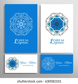 Mandala sign symbol, colorful round ornament. Business cards set. Decorative doodle art, stylized floral pattern. Isolated design elements for logo, icon, label, emblem. Tribal ethnic decoration