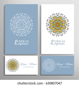 Mandala sign symbol, colorful round ornament. Business cards set. Decorative doodle art, stylized floral pattern. Isolated design elements for logo, icon, label, emblem. Tribal ethnic decoration