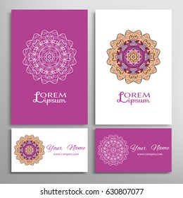 Mandala sign symbol, colorful round ornament. Business cards set. Decorative doodle art, stylized floral pattern. Isolated design elements for logo, icon, label, emblem. Tribal ethnic decoration