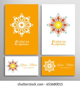 Mandala sign symbol, colorful round ornament. Business cards set. Decorative doodle art, stylized floral pattern. Isolated design elements for logo, icon, label, emblem. Tribal ethnic decoration