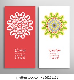 Mandala sign symbol, colorful round ornament. Business cards set. Decorative doodle art, stylized floral pattern. Isolated design elements for logo, icon, label, emblem. Tribal ethnic decoration