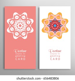 Mandala sign symbol, colorful round ornament. Business cards set. Decorative doodle art, stylized floral pattern. Isolated design elements for logo, icon, label, emblem. Tribal ethnic decoration