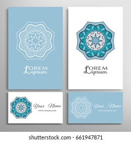Mandala sign symbol, colorful round ornament. Business cards set. Decorative doodle art, stylized floral pattern. Isolated design elements for logo, icon, label, emblem. Tribal ethnic decoration
