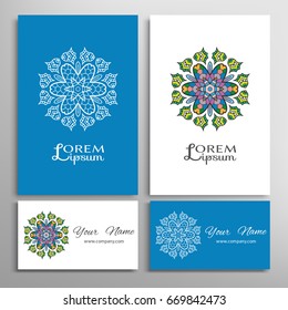 Mandala sign symbol, colorful round ornament. Business cards set. Decorative doodle art, stylized floral pattern. Isolated design elements for logo, icon, label, emblem. Tribal ethnic decoration
